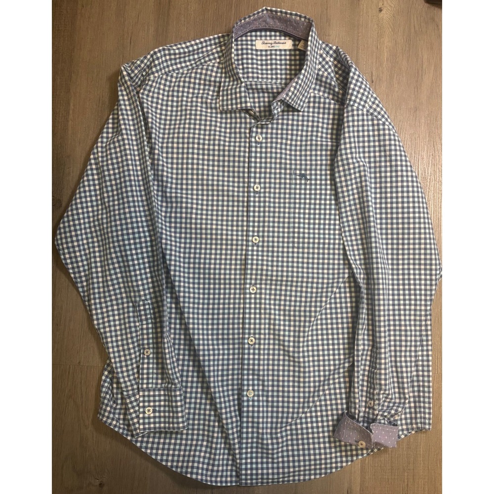 Tommy Bahama Button Down Mens Large Blue Gingham IslandZone Long Sleeve Shirt